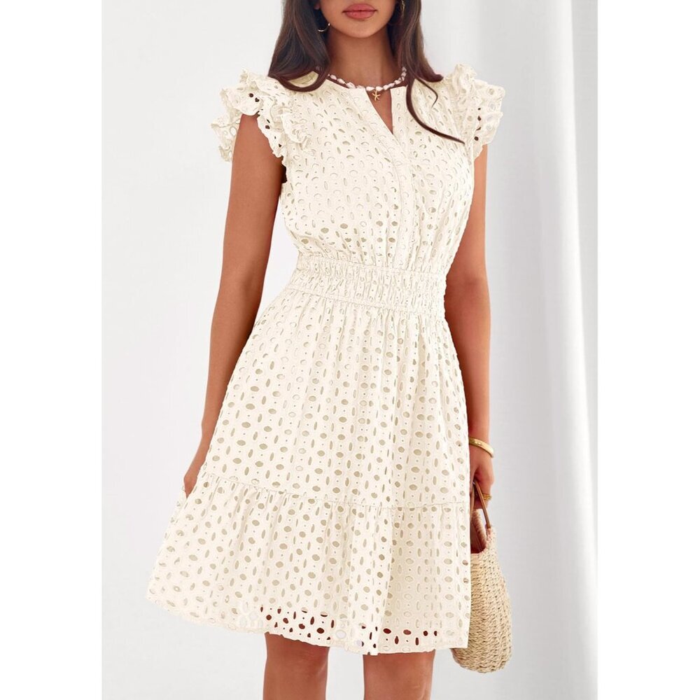 Women's Beige V Neck Eyelet Cap Sleeve Summer Beach Vacation Sundresseses - Picture 3 of 8